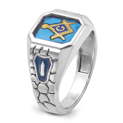 14K Weißgold Herren-Freimaurerring "Blaue Loge Meister", poliert und texturiert, mit blauer Emaille und im Labor gezüchtetem Saphir