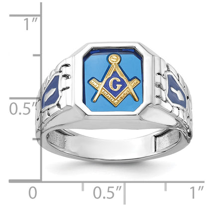 14K Weißgold Herren-Freimaurerring "Blaue Loge Meister", poliert und texturiert, mit blauer Emaille und im Labor gezüchtetem Saphir