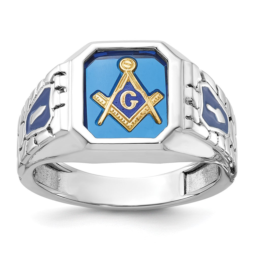 14K Weißgold Herren-Freimaurerring "Blaue Loge Meister", poliert und texturiert, mit blauer Emaille und im Labor gezüchtetem Saphir