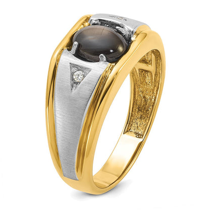 10K Bicolor Ibgoodman Herren Poliert Satiniert und Gerillt Schwarz Stern Saphir A Qualität Diamant Ring