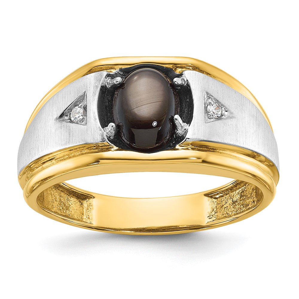 10K Bicolor Ibgoodman Herren Poliert Satiniert und Gerillt Schwarz Stern Saphir A Qualität Diamant Ring