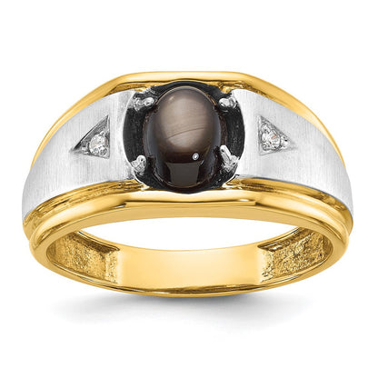 10K Bicolor Ibgoodman Herren Poliert Satiniert und Gerillt Schwarz Stern Saphir A Qualität Diamant Ring