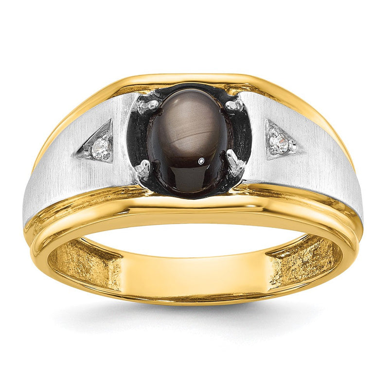 10K Bicolor Ibgoodman Herren Poliert Satiniert und Gerillt Schwarz Stern Saphir A Qualität Diamant Ring