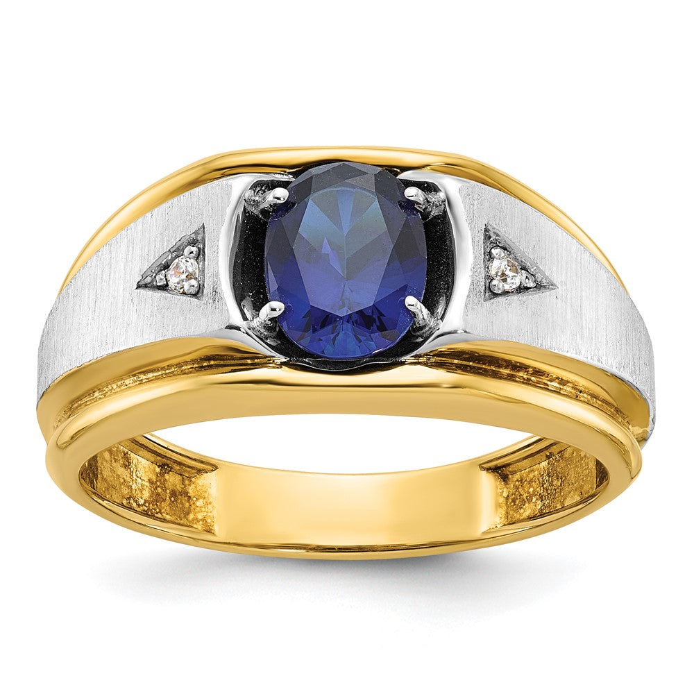 10K Bicolor Ibgoodman Herren Poliert Satiniert und Gerillt Im Labor Erzeugt Saphir A Qualität Diamant Ring