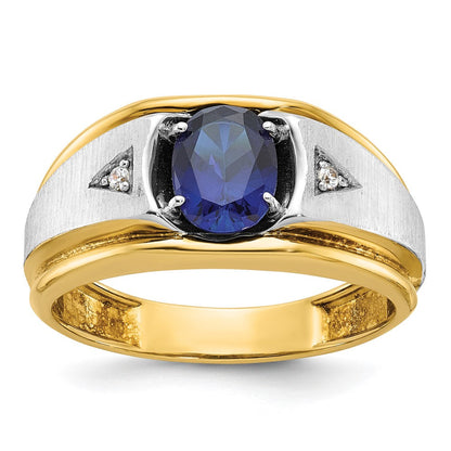 10K Bicolor Ibgoodman Herren Poliert Satiniert und Gerillt Im Labor Erzeugt Saphir A Qualität Diamant Ring