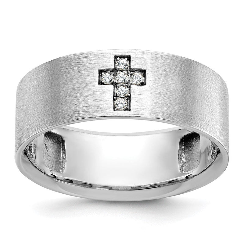 14K Weißgold Herrenring mit Kreuzmotiv, satiniert, 0,05 ct. Laborgezüchteter Diamant VS/SI+ G+