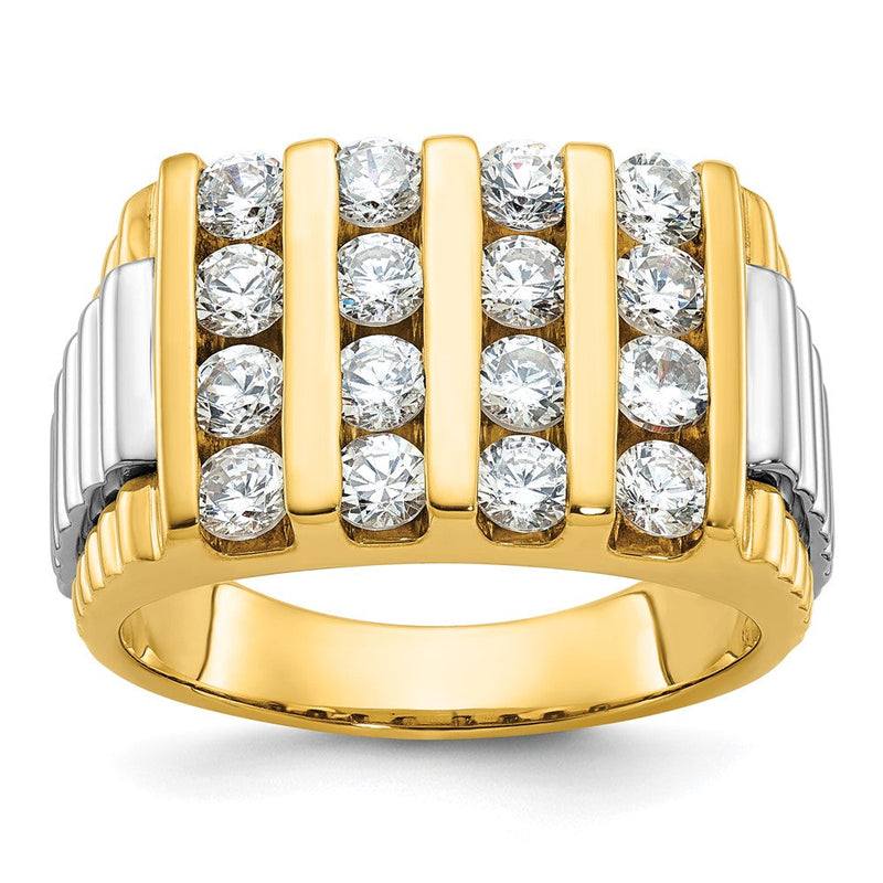 14K Bicolor Herrenring mit gerillten vier Reihen, 2 ct. Labor gezüchteten Diamanten, VS/SI+ G+