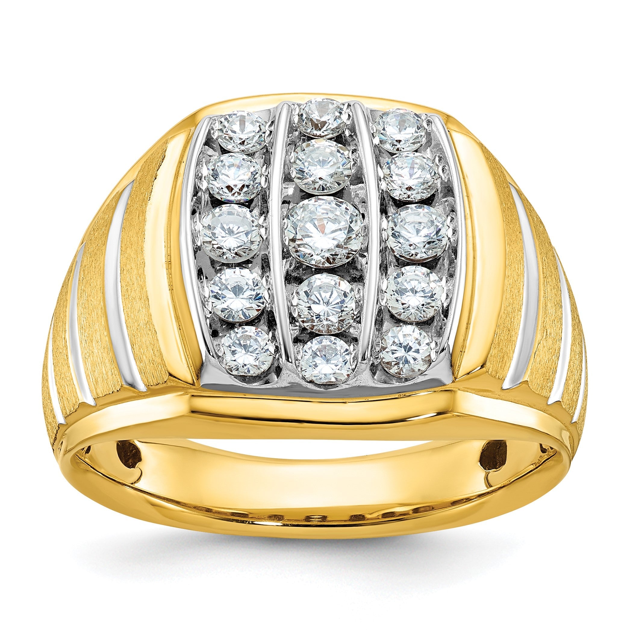 14K Gold Bicolor Herren-Ring, poliert und satiniert, mit 1K Diamant, komplett besetzt