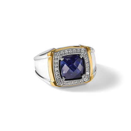 10K Bicolor Ibgoodman Herren Poliert Im Labor Erzeugt Saphir und A Qualität Diamant Ring