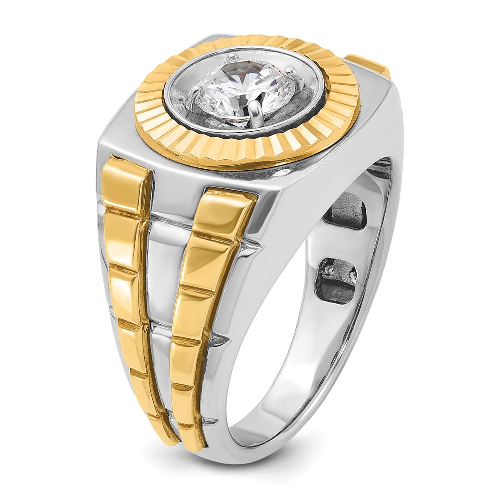 14K Bicolor (Weiß-/Gelbgold) 1 ct. Labor-gezüchteter Diamant VS/SI+ G+ Polierter Satin- und Strukturierter Herrenring