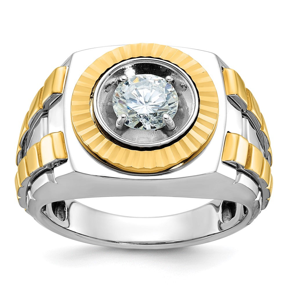 14K Bicolor (Weiß-/Gelbgold) 1 ct. Labor-gezüchteter Diamant VS/SI+ G+ Polierter Satin- und Strukturierter Herrenring