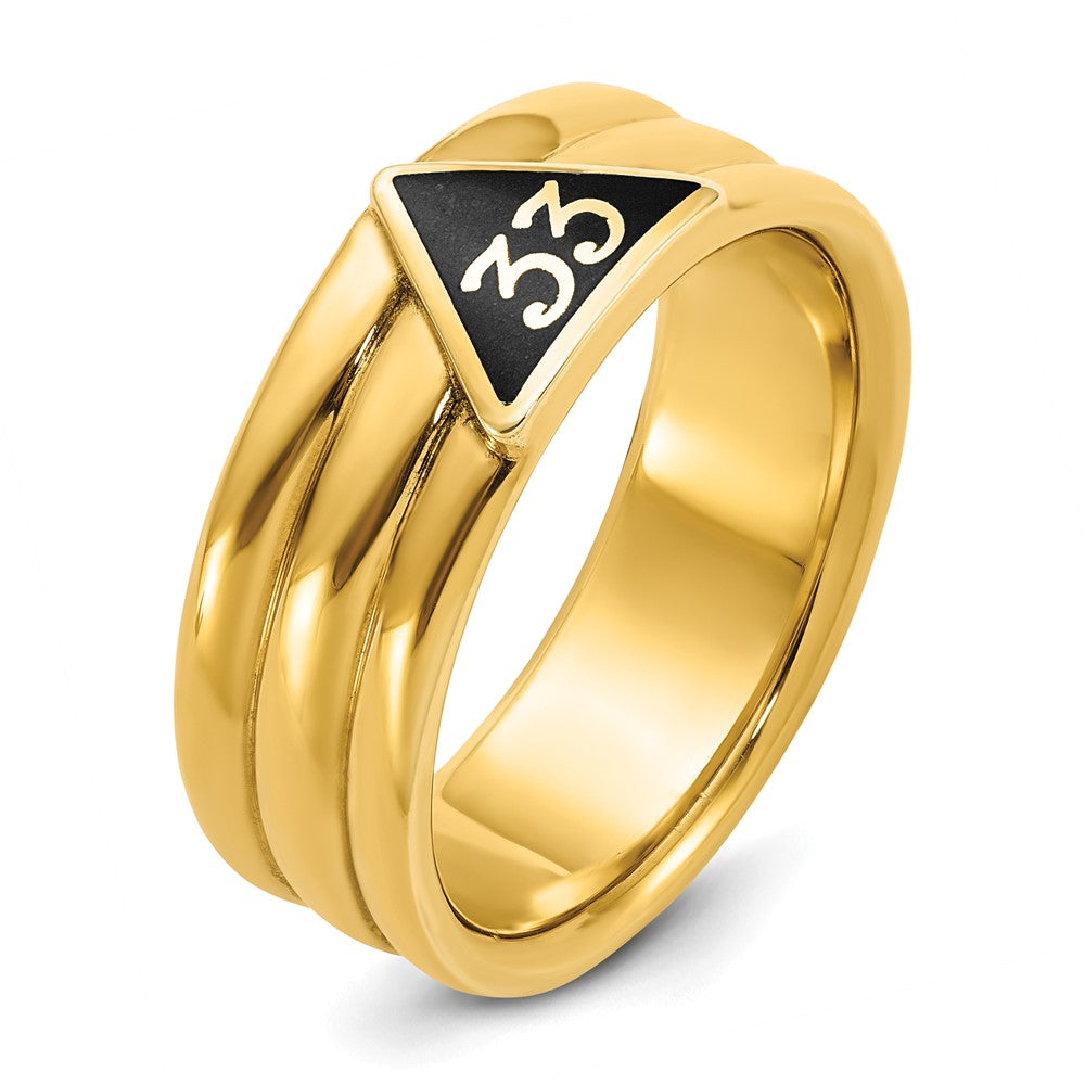 14K Gelbgold Herren-Freimaurerring „33. Grad Aktiv", poliert und geriffelt, mit schwarzer Emaille