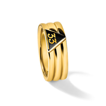 14K Gelbgold Herren-Freimaurerring „33. Grad Aktiv", poliert und geriffelt, mit schwarzer Emaille