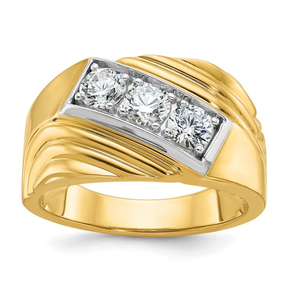 14K Gelbgold & Rhodium mit Weiß 1 ct. Labor gezüchteter Diamant VS/SI+ G+ komplett polierter und gerillter Drei-Stein-Herrenring