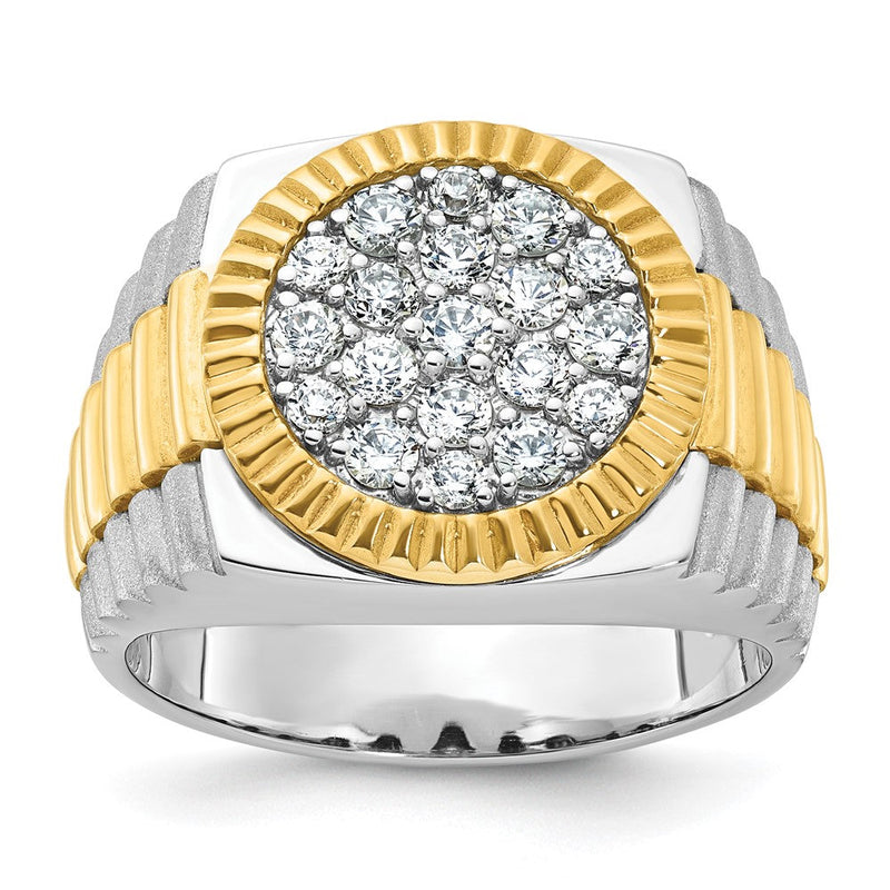 10K Bicolor Ibgoodman 14K Herren Poliert Satiniert und Ribbed 1 1/8 Karat A Qualität Diamant Rund Cluster Ring