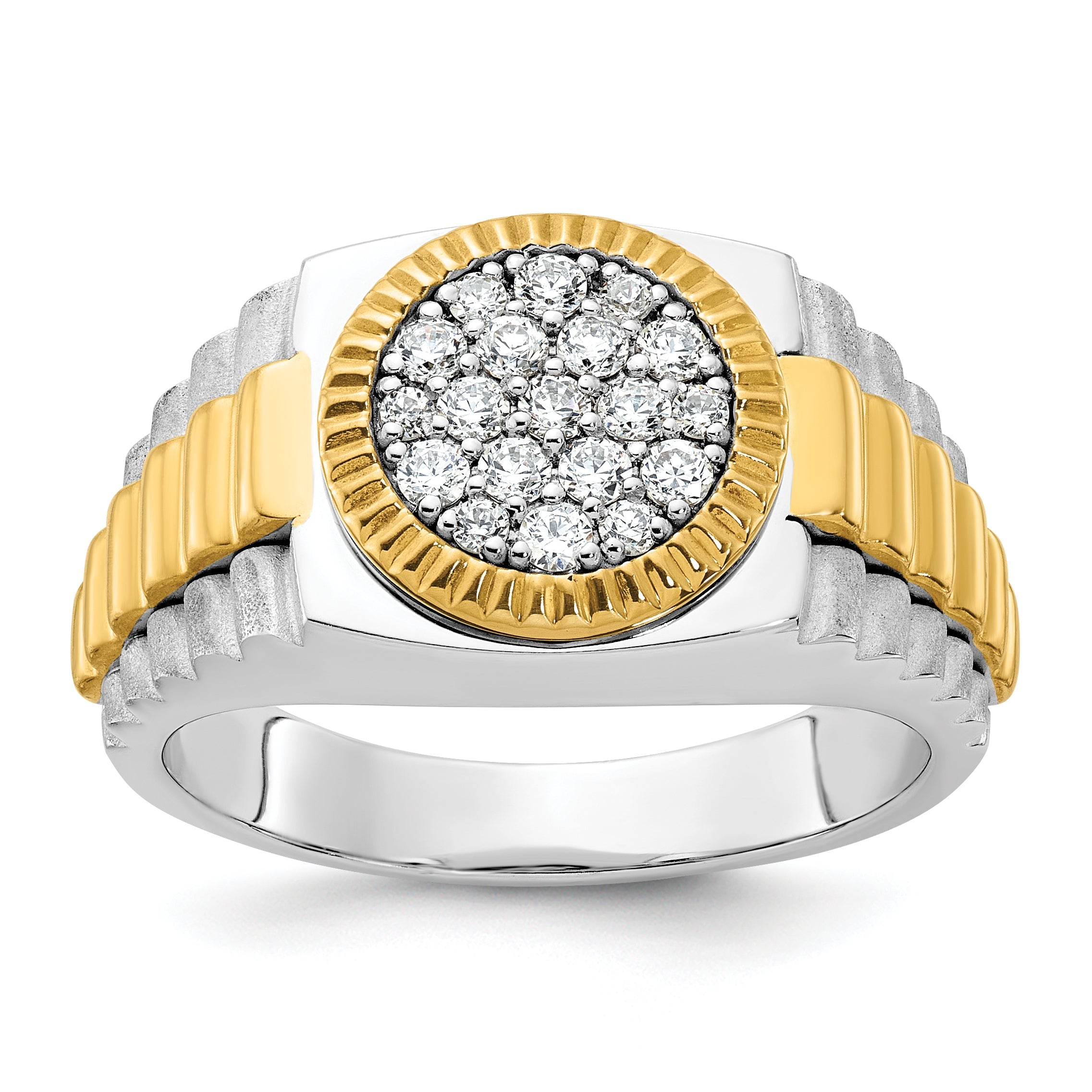 14K Bicolor Gold Herren-Ring, poliert und satiniert, mit 0,5K Diamanten, komplett besetzt