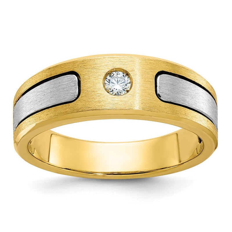 14K Bicolor-Gold Herren-Ring, poliert und satiniert, mit 0,1K Diamanten, komplett besetzt
