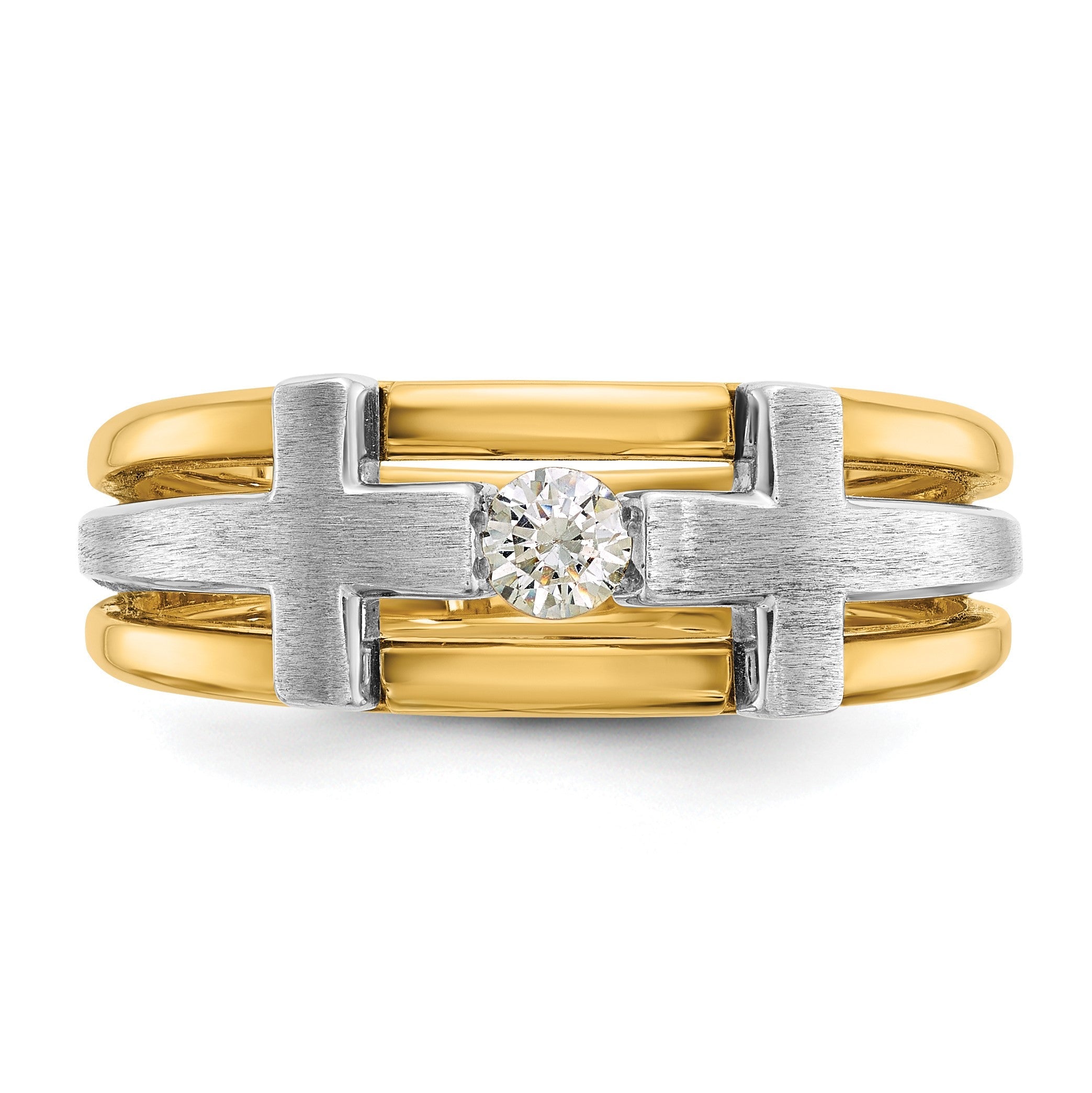 14K Bicolor Gold Herren-Kreuz-Ring mit satiniertem Finish und 0,2 ct. Diamanten