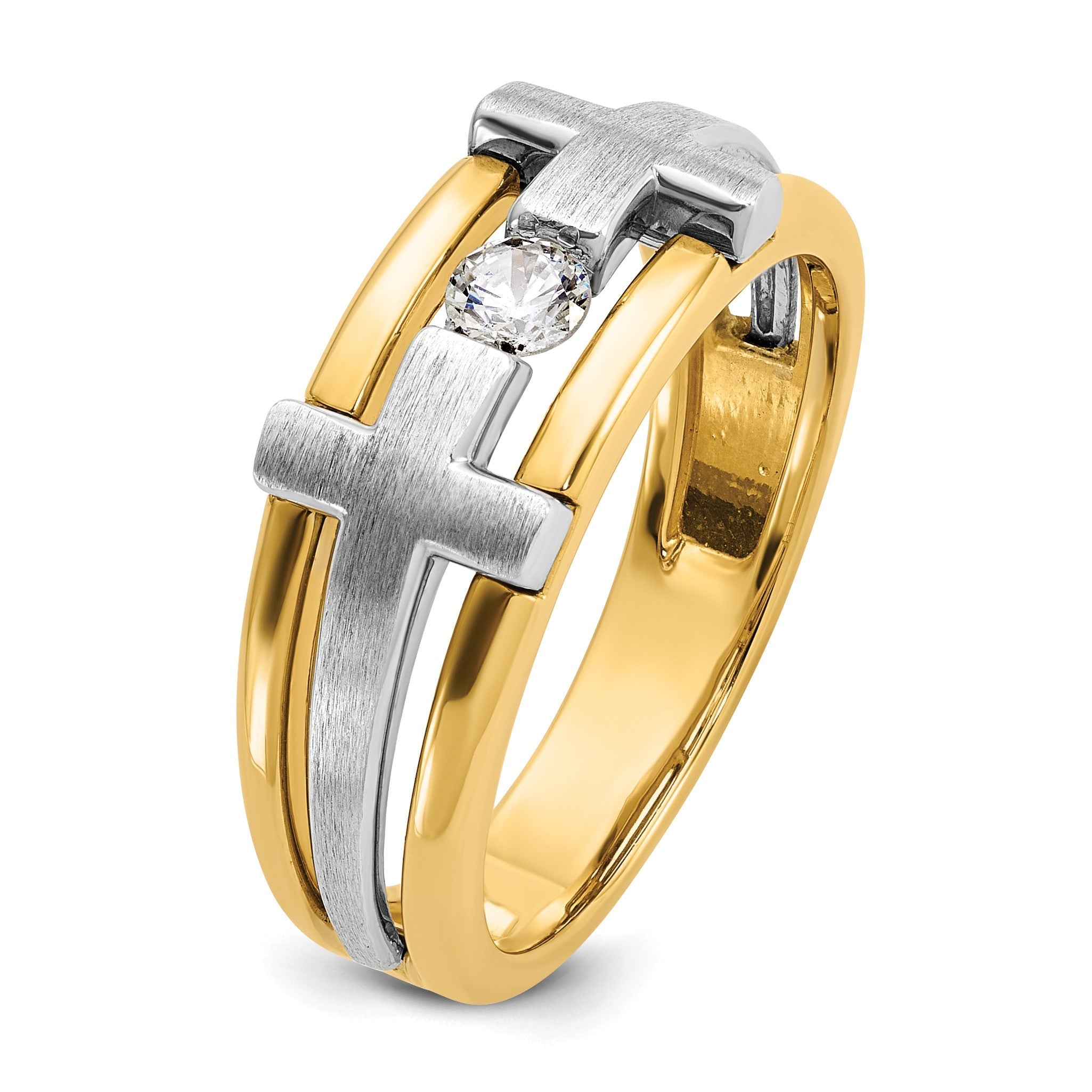 14K Bicolor Gold Herren-Kreuz-Ring mit satiniertem Finish und 0,2 ct. Diamanten