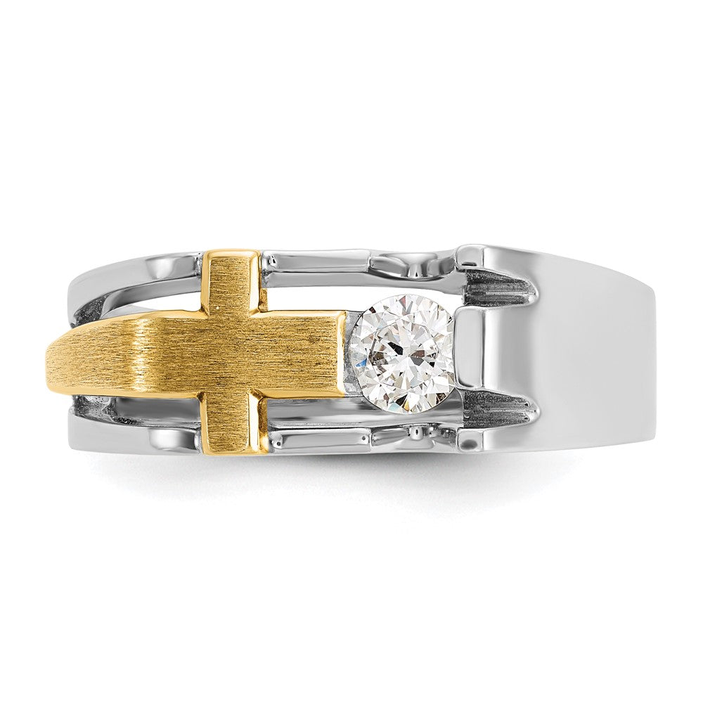 14K Zweifarbiges Gold Herren-Kreuz-Ring, satiniert, mit 0,3K Diamanten, komplett besetzt