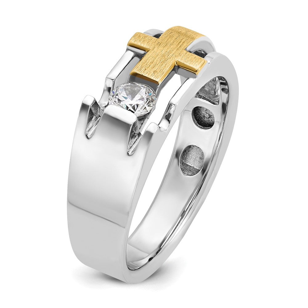 14K Zweifarbiges Gold Herren-Kreuz-Ring, satiniert, mit 0,3K Diamanten, komplett besetzt