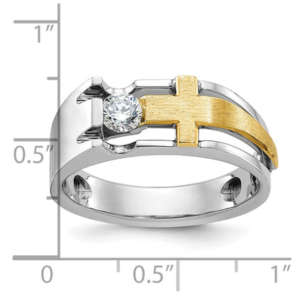 14K Zweifarbiges Gold Herren-Kreuz-Ring, satiniert, mit 0,3K Diamanten, komplett besetzt