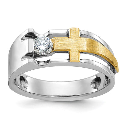 14K Zweifarbiges Gold Herren-Kreuz-Ring, satiniert, mit 0,3K Diamanten, komplett besetzt