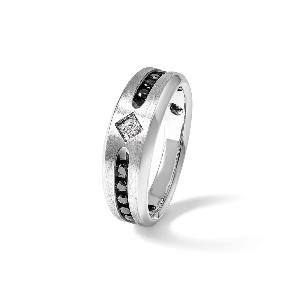 14K Weißgold Herren Ring mit Satinfinish und 0,5K schwarzen und weißen Diamanten