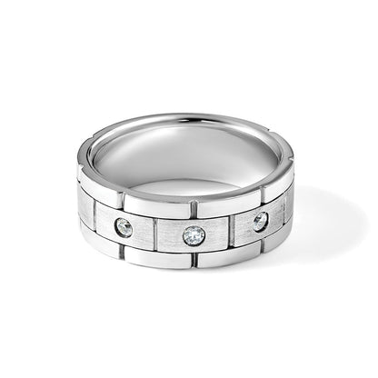 14K Weißgold Herren-Dreisteinring mit 0,17 ct. Laborgewachsenem Diamant VS/SI+ G+, poliert, satiniert und gerillt