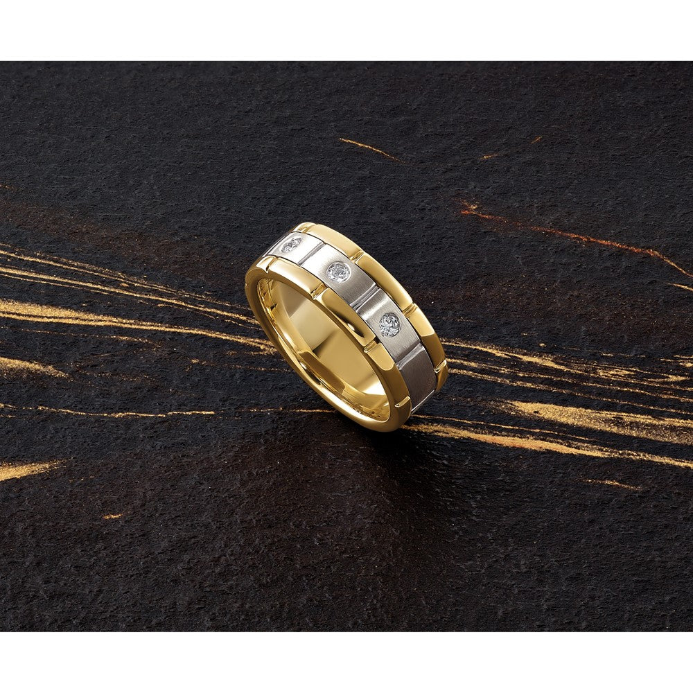 14K Bicolor Herrenring, poliert und satiniert, mit 0,17 ct. Diamant, komplett besetzt