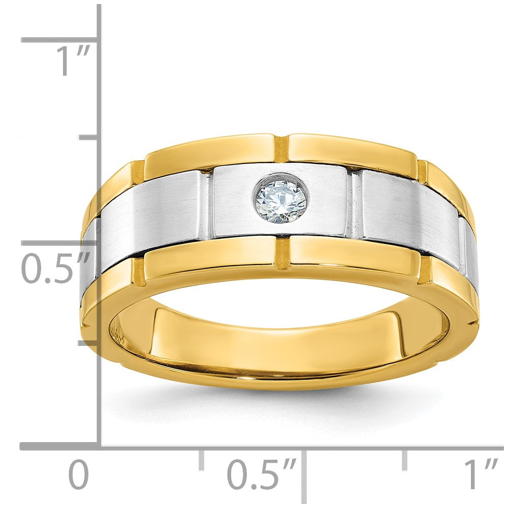 10K Bicolor Ibgoodman Herren Poliert Satiniert und Gerillt 1/10 Karat A Qualität Diamant Ring