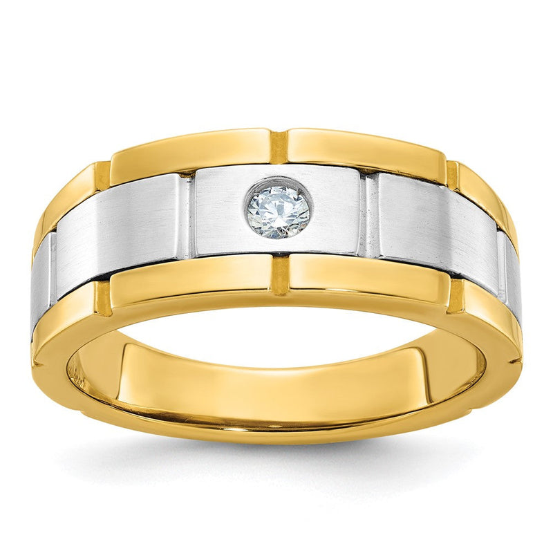 10K Bicolor Ibgoodman Herren Poliert Satiniert und Gerillt 1/10 Karat A Qualität Diamant Ring