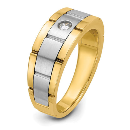14K Bicolor-Gold Herren-Ring, poliert und satiniert, mit 0,10K Diamant, komplett besetzt