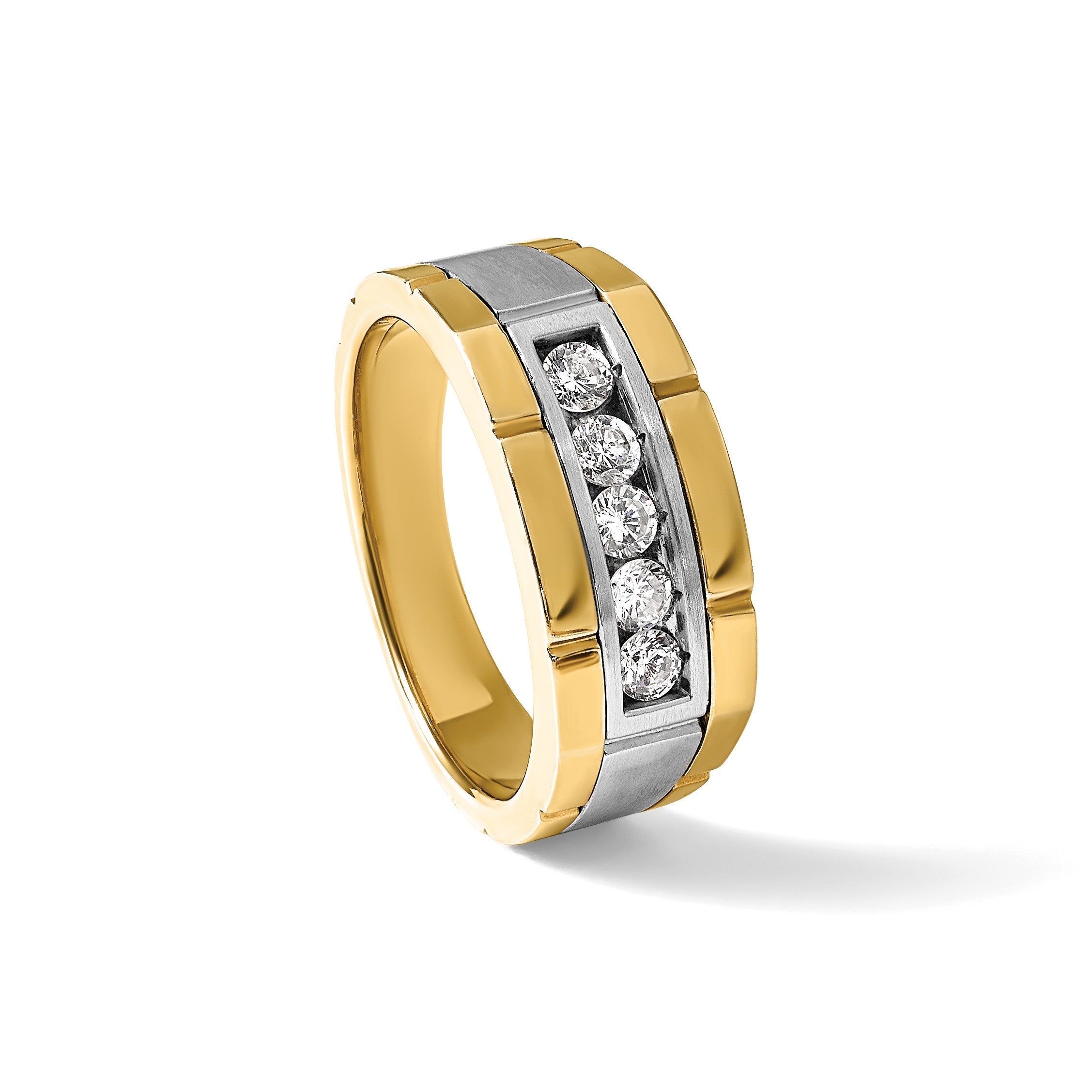 14K Bicolor-Gold Herren Ring, poliert und satiniert, mit 0,5K Diamanten besetzt
