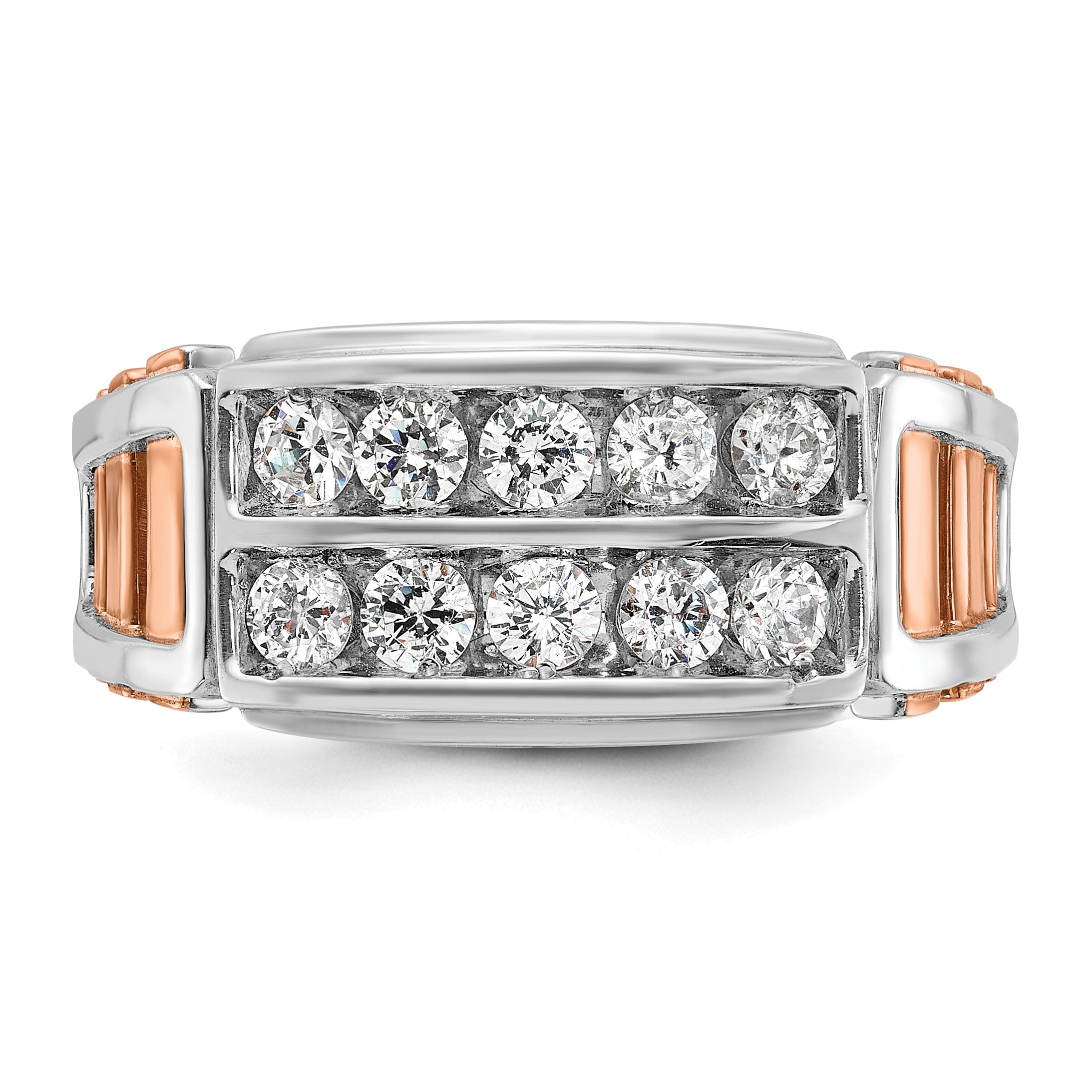 14K Weiß-/Roségold Bicolor Rose und Weiß Herrenring mit 1 ct. Labor-Diamant VS/SI+ G+, zweireihig, mit Ausschnitt