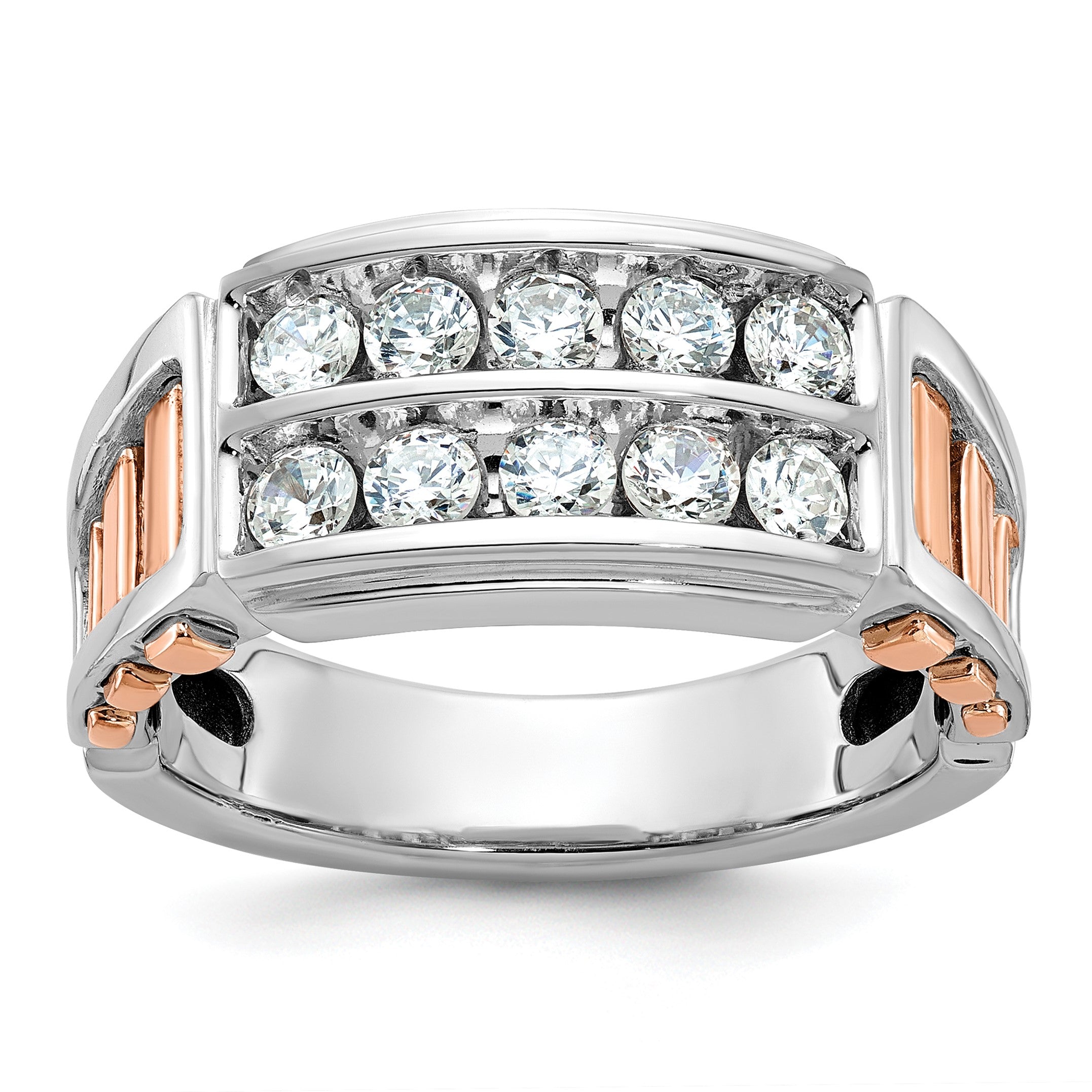 14K Weiß-/Roségold Bicolor Rose und Weiß Herrenring mit 1 ct. Labor-Diamant VS/SI+ G+, zweireihig, mit Ausschnitt