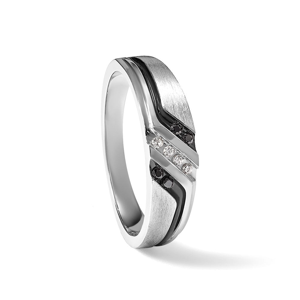 14K Weißgold Herrenring mit 0,125 ct. im Labor gezüchteten Diamanten VS/SI+ G+ und 0,125 ct. schwarzen, natürlichen Diamanten, poliert, satiniert und gerillt
