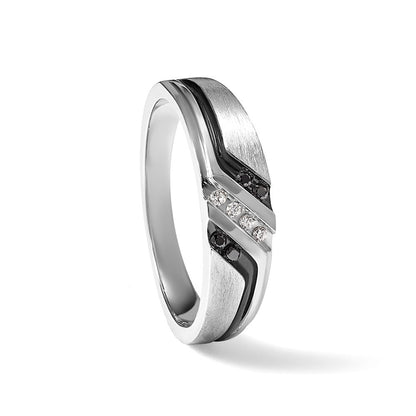 14K Weißgold Herrenring mit 0,125 ct. im Labor gezüchteten Diamanten VS/SI+ G+ und 0,125 ct. schwarzen, natürlichen Diamanten, poliert, satiniert und gerillt