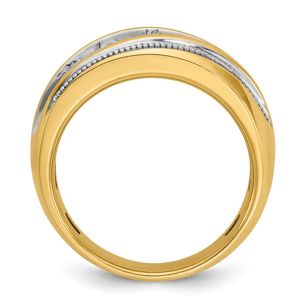 14K Gelb- und Rhodiumgold Herrenring mit Weißrhodium, Milgrain-Design, komplett mit 1K Diamanten besetzt