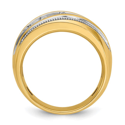 14K Gelb- und Rhodiumgold Herrenring mit Weißrhodium, Milgrain-Design, komplett mit 1K Diamanten besetzt