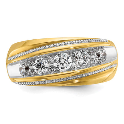 14K Gelb- und Rhodiumgold Herrenring mit Weißrhodium, Milgrain-Design, komplett mit 1K Diamanten besetzt