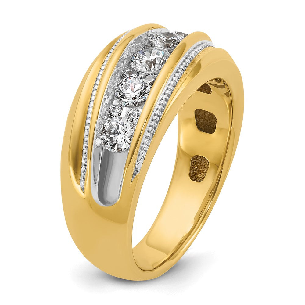 14K Gelb- und Rhodiumgold Herrenring mit Weißrhodium, Milgrain-Design, komplett mit 1K Diamanten besetzt