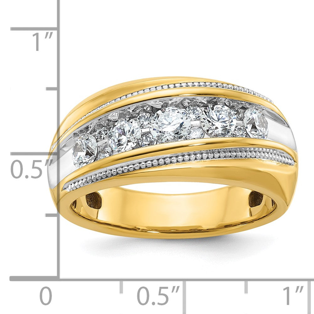 14K Gelb- und Rhodiumgold Herrenring mit Weißrhodium, Milgrain-Design, komplett mit 1K Diamanten besetzt