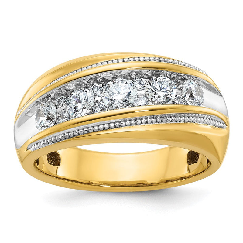 14K Gelb- und Rhodiumgold Herrenring mit Weißrhodium, Milgrain-Design, komplett mit 1K Diamanten besetzt