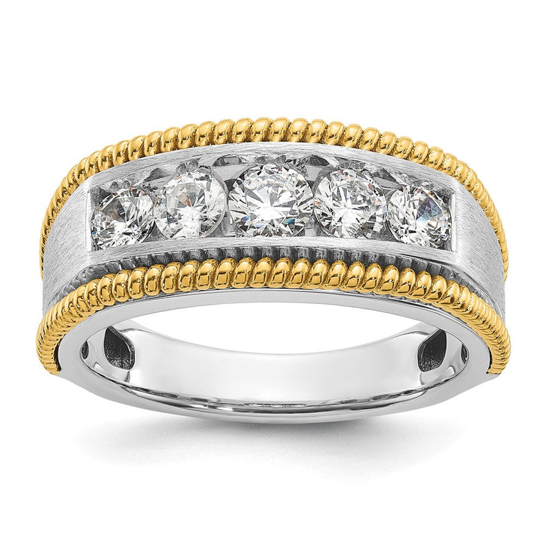 14K Bicolor Ring mit 1 ct. im Labor gezüchteten Diamanten, VS/SI+, G+, Fünf-Steine, poliert, satiniert und texturiert, für Herren