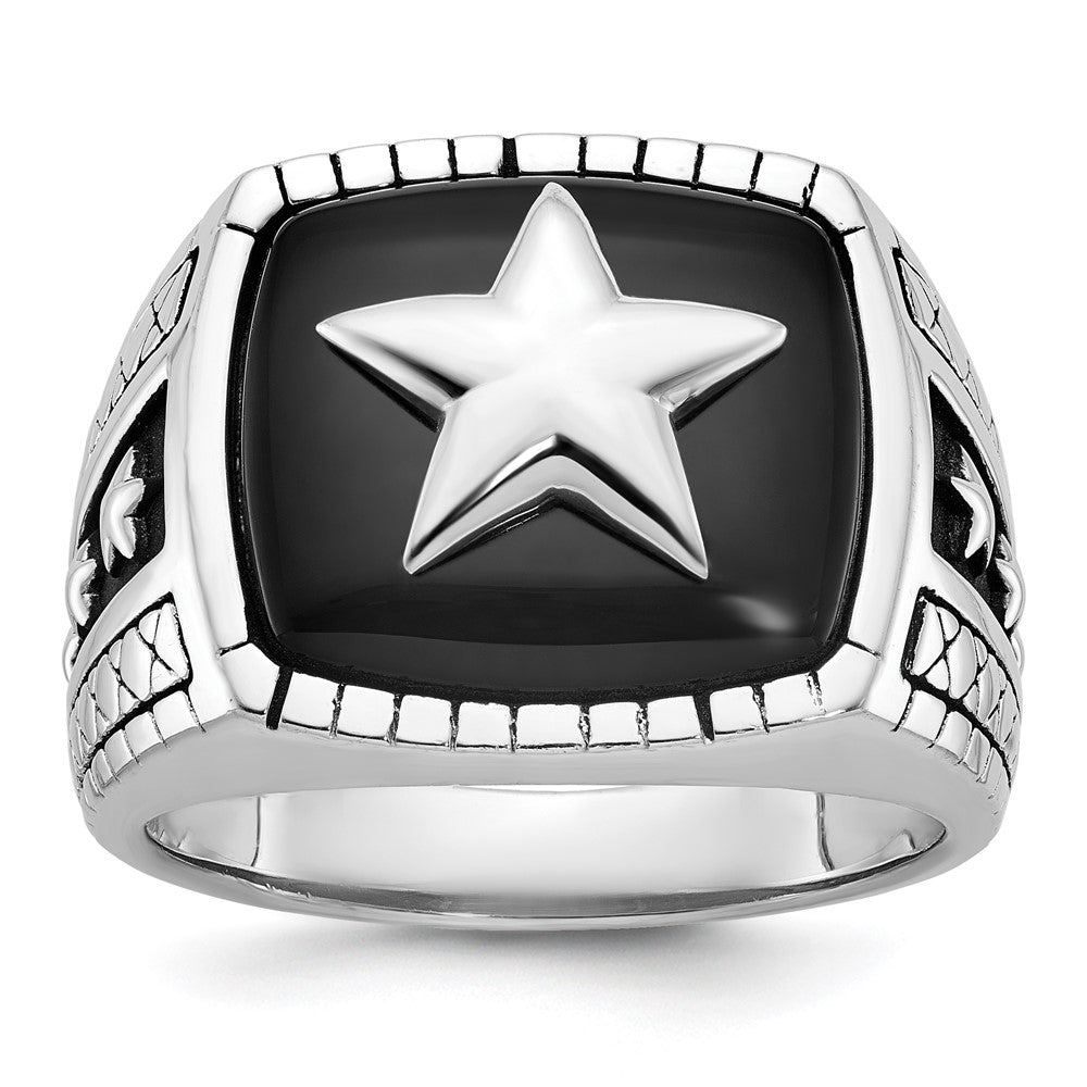 14K Weißgold Herren-Siegelring mit Stern und antikisiertem Onyx