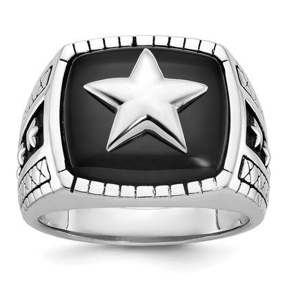 14K Weißgold Herren-Siegelring mit Stern und antikisiertem Onyx