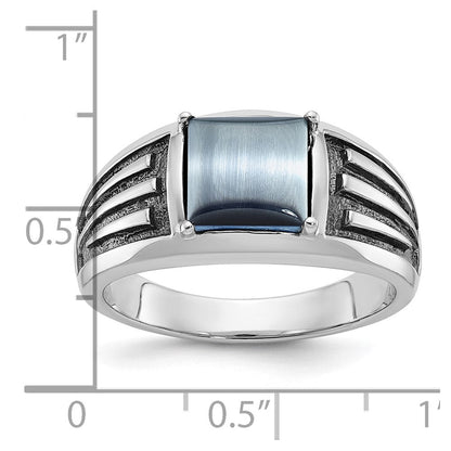 14K Weißgold Herrenring mit Schwarzrhodinierung und imitiertem grauem Katzenauge, komplett