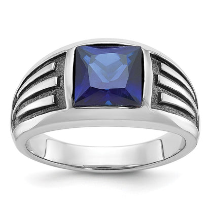 14K Weißgold mit schwarzem Rhodium Herren-Ring mit synthetischem Saphir