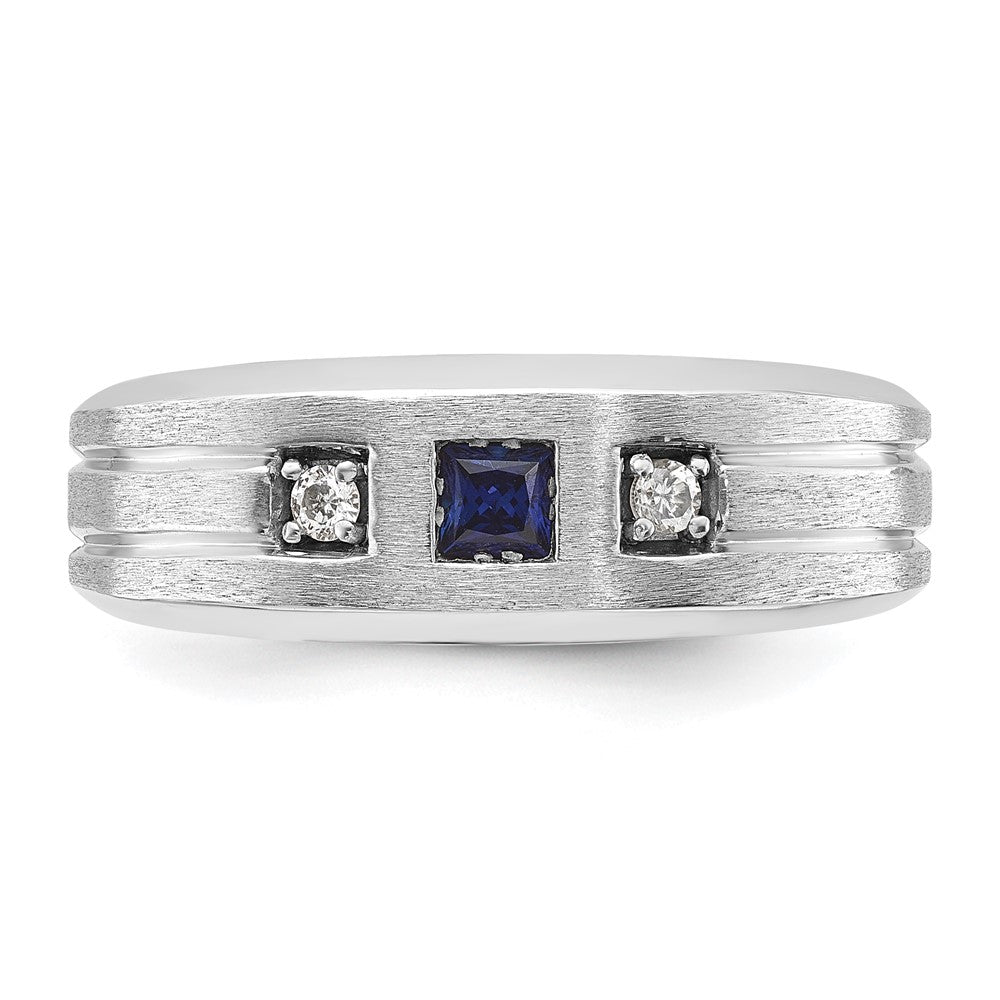 14K Weißgold Herren Satiniert Im Labor Erzeugt Saphir und 1/15 Karat Diamant Komplett Ring